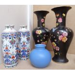 A pair of faience vases, 19.5cm, a Poole pot, and a pair of Staffordshire vases