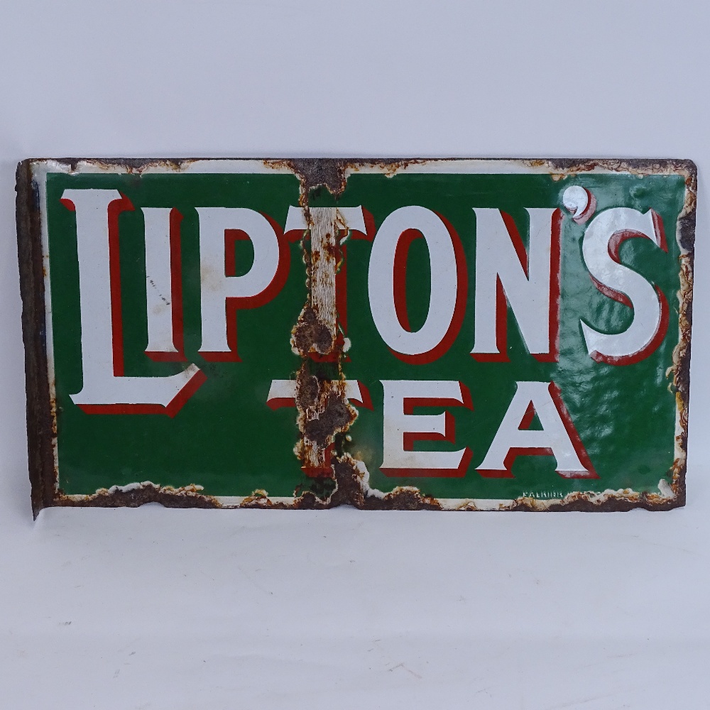 A Vintage Lipton's Tea green white and red enamel double-sided advertising sign, length 46cm