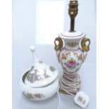 A French Barulac opalescent vase converted to a table lamp, Continental porcelain table lamps,