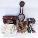 An oak-framed wall barometer, an Oriental jewel cabinet, sewing equipment etc