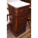 A French walnut and marble-top bedside chest, with fitted drawers and fall-front, W42cm