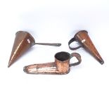 A 19th century copper shoe-shaped ale warming muller, and 2 copper cone-shaped warmers, shoe