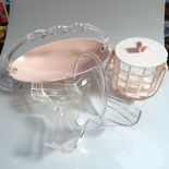 1950s pink and clear plastic basket, length 37cm, a clear plastic basket, and a canister