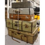 2 Victorian leather and steel-bound trunks, 2 suitcases, and a Millars laundry box (5)