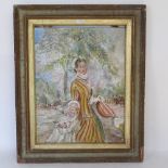 20th century French School, oil on canvas, a mother and daughter in the park, 45cm x 34cm, framed