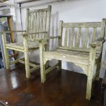 2 hardwood slatted garden elbow armchairs