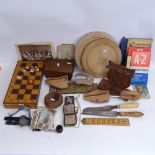 Various collectables, including pine breadboards, oak pipe rack, street maps, games box etc