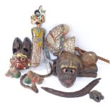 Turkish slippers, large carved wood reclining Buddha, African mask, Thai puppet etc