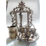 A silver plated 3-section decanter stand, silver plated copper candlesticks, tureens, teaware etc