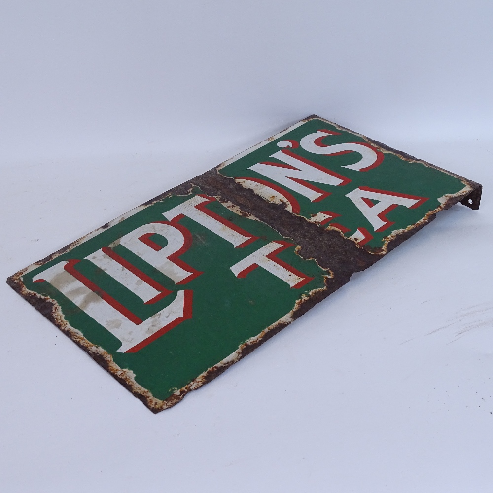 A Vintage Lipton's Tea green white and red enamel double-sided advertising sign, length 46cm - Image 2 of 2