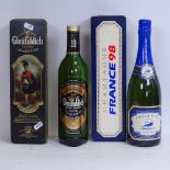 A boxed bottle of Glenfiddich Single Malt Scotch Whisky, and a Euro 98 presentation bottle of