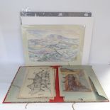 Phyllis Johnston, Mid 20th century british, folder of 14 watercolours, unframed, 2 large mounted