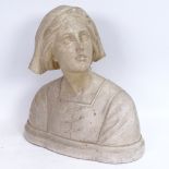 A mid-century plaster sculpture, bust of a young lady, indistinctly signed on back G V