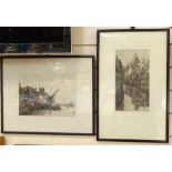 Maud Butler, engraving, canal scene, and C Holloway, engraving, Old Chelsea church, framed (2)