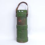 A Victorian green painted leather swing-handled water carrier, with armorial, container height 52cm