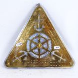 A modern brass and steel triangular nautical hanging cribbage board sign, height 27cm