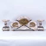An Art Deco pink marble 3-piece clock garniture, with sectional case and brass mounts, clock