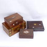 Various boxes and containers, including rosewood sewing box, flame mahogany folding writing slope,