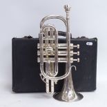 A Weltklang Y958 silver plated 3-valve cornet, serial no. 121441, length 35cm, in fitted hardshell