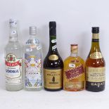 5 bottles of various spirits, including Sandeman Brandy, Barat French Brandy, Johnnie Walker