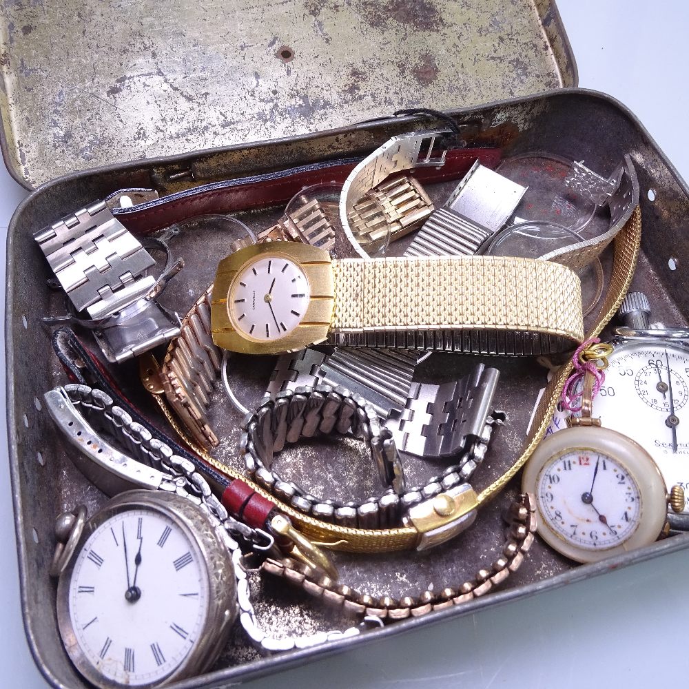 A Continental engraved silver-cased fob watch, a Sekonda stopwatch, a lady's Avia wristwatch etc