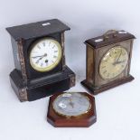 A slate and marble-cased mantel clock, a Metamec brass-framed clock, and a Russell wall barometer (