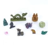 Various Oriental semi-precious hardstone carvings, including labradorite, soapstone etc