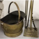 Brass 3-piece fire companion set, and brass coal bucket