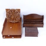 An oak 3-tier letter rack, Oriental carved hardwood jewel box, Thai hardwood carved wall hanging