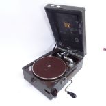 A Vintage HMV portable gramophone with crank, case length 42cm