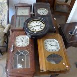 4 20th century oak cased wall clocks and a circular dial clock, (5)