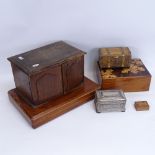 Various boxes and containers, including oak table-top cabinet, silver plated jewel box, and specimen