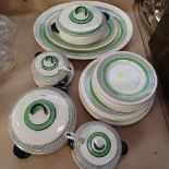 Art Deco Royal Doulton "Radiance" pattern dinner service, with green and black banded borders