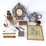Various collectables, including pewter teapot, brass photo frame, Potter & Moore glass scent