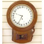 An oak-cased 24-hour drop-dial wall clock, painted dial with key and pendulum, case width 42cm