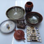 A Chinese redware teapot, height 5.5cm, and another, a tile, bowls etc