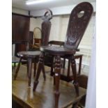 2 carved and stained beech Welsh spinning stools