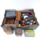 Various collectables, including rattan-bound spirit flask, Vintage biscuit tins, pair of papier