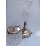 A cut-glass and silver-mounted barrel-shape biscuit/ice bucket, and a table epergne with trumpets
