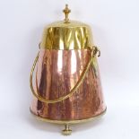 A 19th century tapered cylindrical copper and brass swing-handled coal bucket and cover, height 44cm