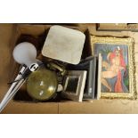 A set of cast-iron kitchen scales, an anglepoise lamp, oil paintings etc