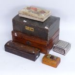 Various boxes and containers, including rosewood dome-top glove box, mahogany folding writing slope,