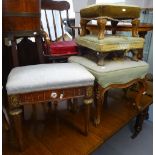 A Victorian and needlework upholstered and walnut-framed dressing stool, 2 similar footstools, and a