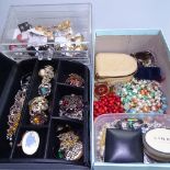 2 boxes of mixed costume jewellery, enamel brooches, earrings etc