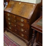 A George III flame veneered mahogany bureau, with 4 long graduated drawers, bracket feet, W90cm