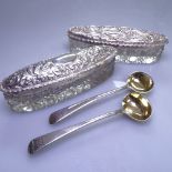 2 embossed silver-topped and glass dressing table jars, and a pair of Georgian silver salts with