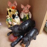 2 Bretby cats, largest length 25cm, Wade NatWest pigs, and a Staffordshire group