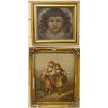 Small oil on panel, study of a young girl, and oil on canvas, figures on a path, gilt-framed (2)