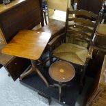 An oak ladder-back rush-seated rocking chair, a wine table, a tilt-top table, and a drop leaf