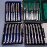 A cased set of 6 silver-handled tea knives, a cased set of of silver plated pistol-handled tea
